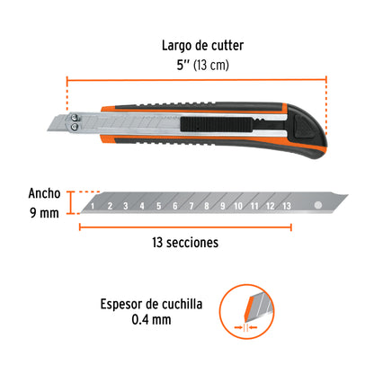 Cutter 9 mm profesional con alma metálica y grip, Truper - Cod: 16971