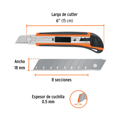 Cutter 18 mm profesional con alma metálica y grip, Truper - Cod: 16977