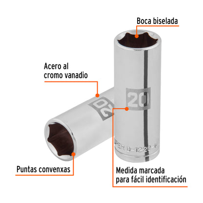 Dado largo de 20 mm, 6 puntas, cuadro 1/2", Truper - CÓDIGO: 101008