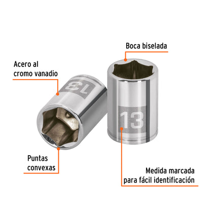 Dado de 13 mm, 6 puntas, cuadro 1/4", Truper - CÓDIGO: 13207