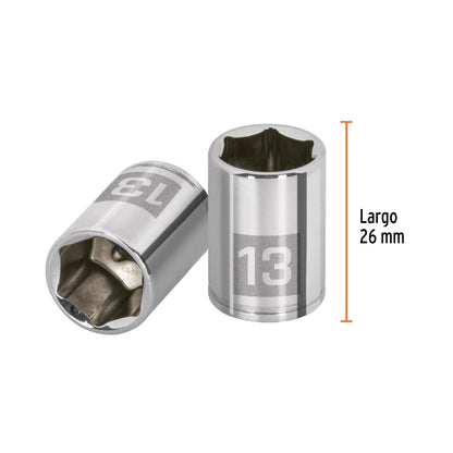 Dado de 13 mm, 6 puntas, cuadro 1/4", Truper - CÓDIGO: 13207