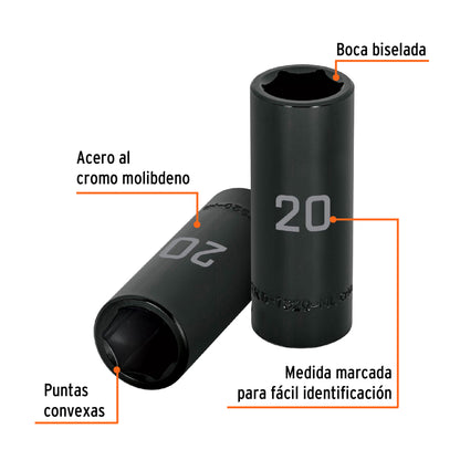 Dado largo cuadro 1/2" de impacto 6 puntas de 20 mm, Truper - Código: 12432