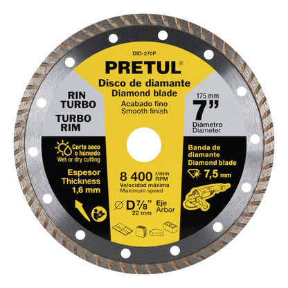 Disco de diamante de 7" x 1.6 mm, rin turbo, PRETUL - CÓDIGO: 27018