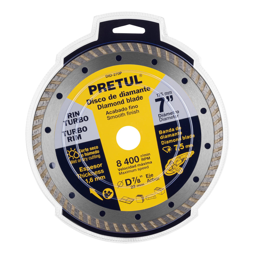 Disco de diamante de 7" x 1.6 mm, rin turbo, PRETUL - CÓDIGO: 27018
