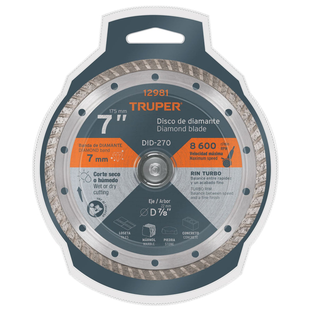 Disco de diamante de 7" x 2.8 mm, rin turbo, TRUPER - CÓDIGO: 12981