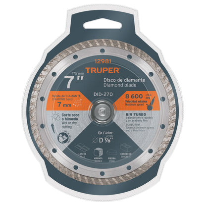 Disco de diamante de 7" x 2.8 mm, rin turbo, TRUPER - CÓDIGO: 12981
