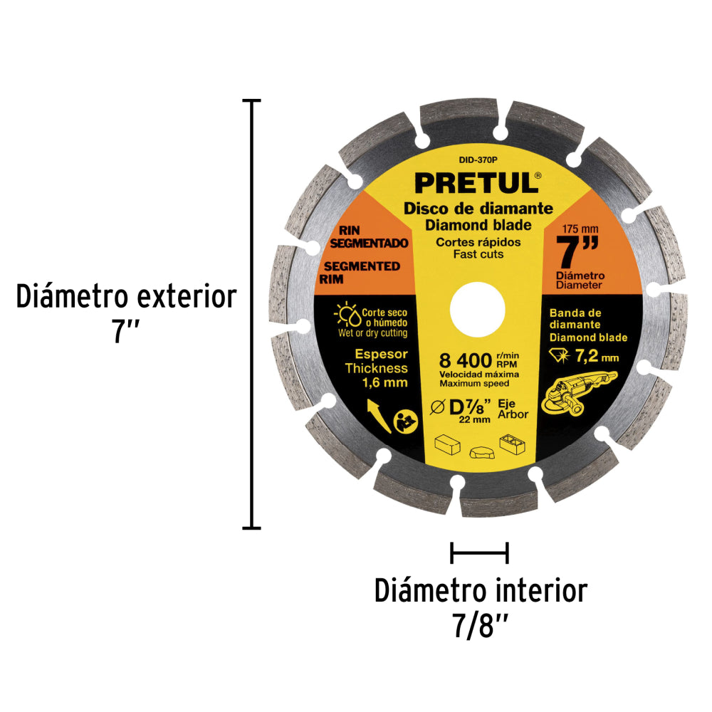 Disco de diamante de 7" x 1.6 mm rin segmentado, PRETUL - CÓDIGO: 27033