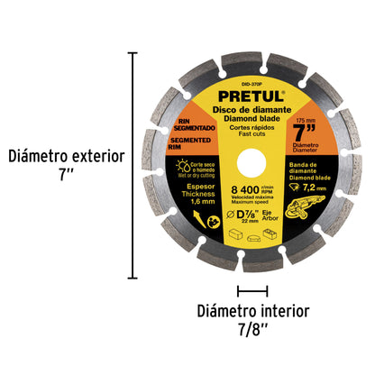 Disco de diamante de 7" x 1.6 mm rin segmentado, PRETUL - CÓDIGO: 27033