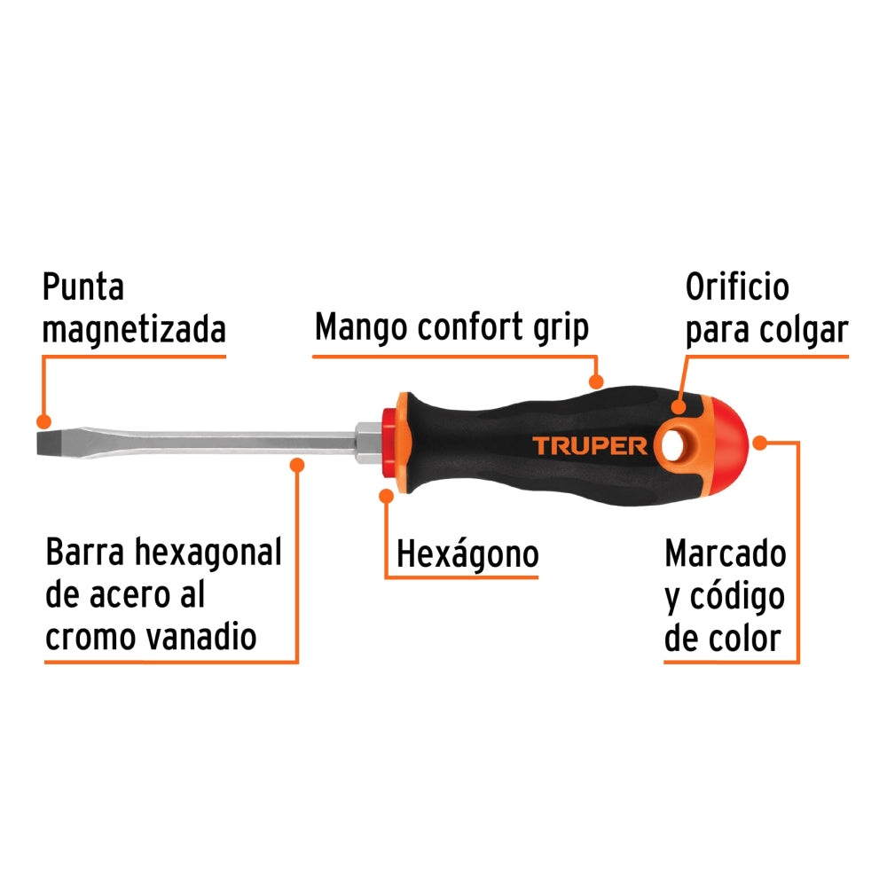 Desarmador plano 1/4" x 4" mango Comfort Grip, Truper - CÓDIGO: 13998