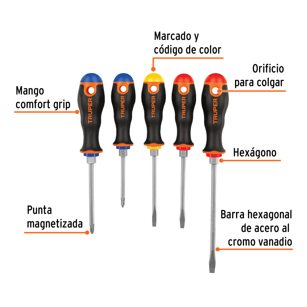Juego de 5 desarmadores mango Comfort Grip, Truper - Código: 14138