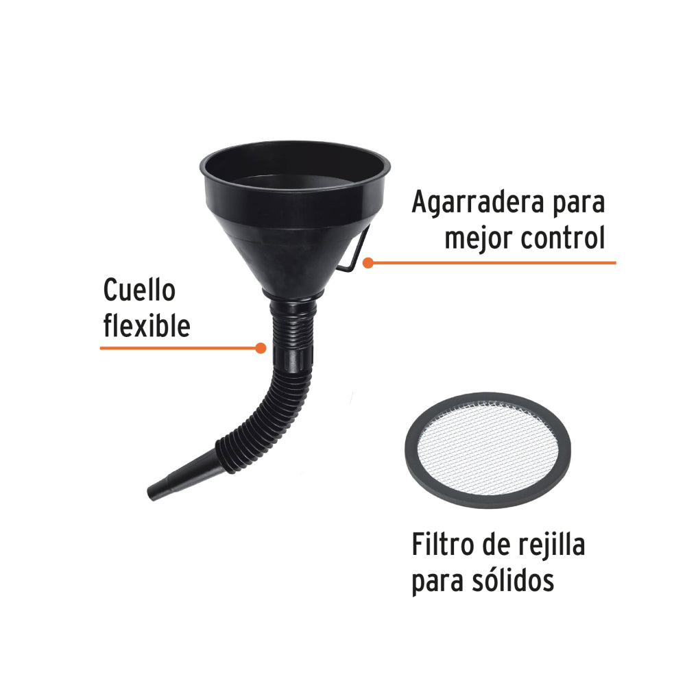 Embudo plástico 500 ml, cuello flexible con filtro, Truper - Código: 11207