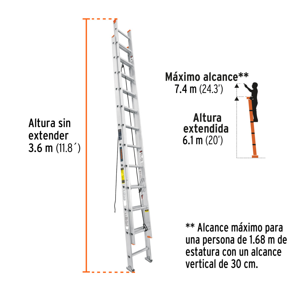 Escalera de extensión, tipo II, 24 peldaños, Truper - Código: 16759