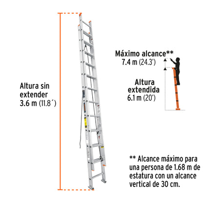 Escalera de extensión, tipo II, 24 peldaños, Truper - Código: 16759