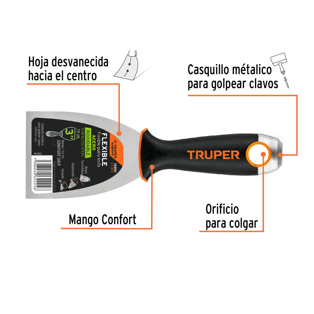 Espátula flexible 3" acero inox. mango Comfort Grip, Expert  Código: 15851
