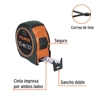 Flexómetro compacto contra impactos 10 m cinta 25 mm, TRUPER - CÓDIGO: 102332
