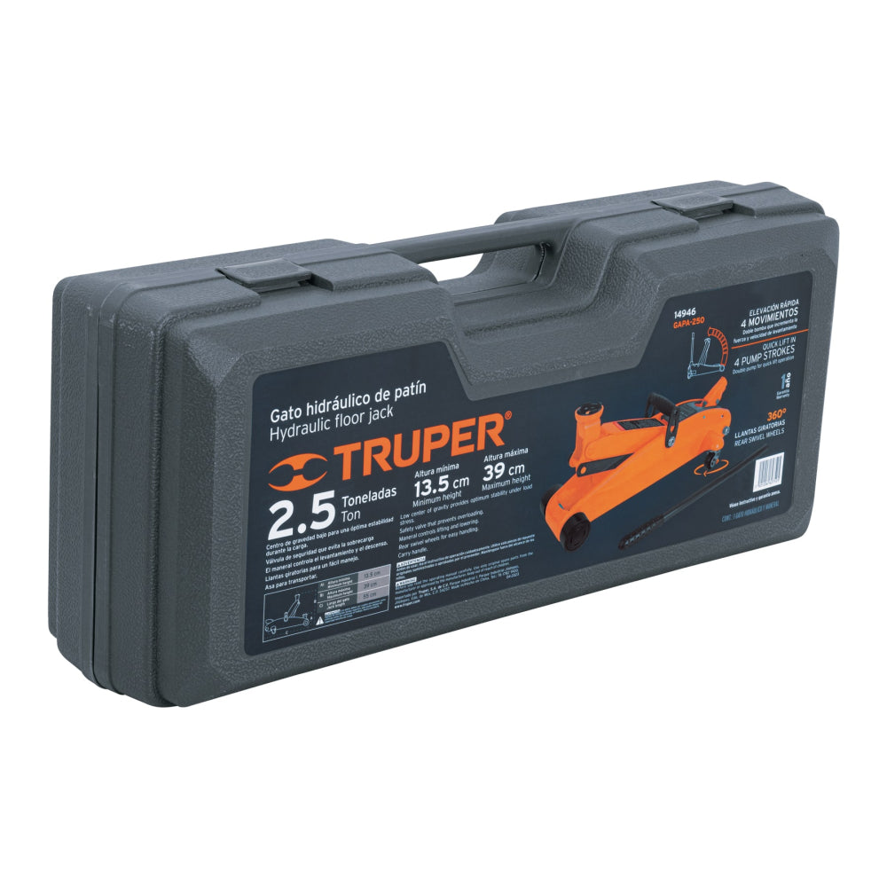 Gata hidráulico de patín 2.5t, elevación rápida, con maletín, Truper - Código 14946