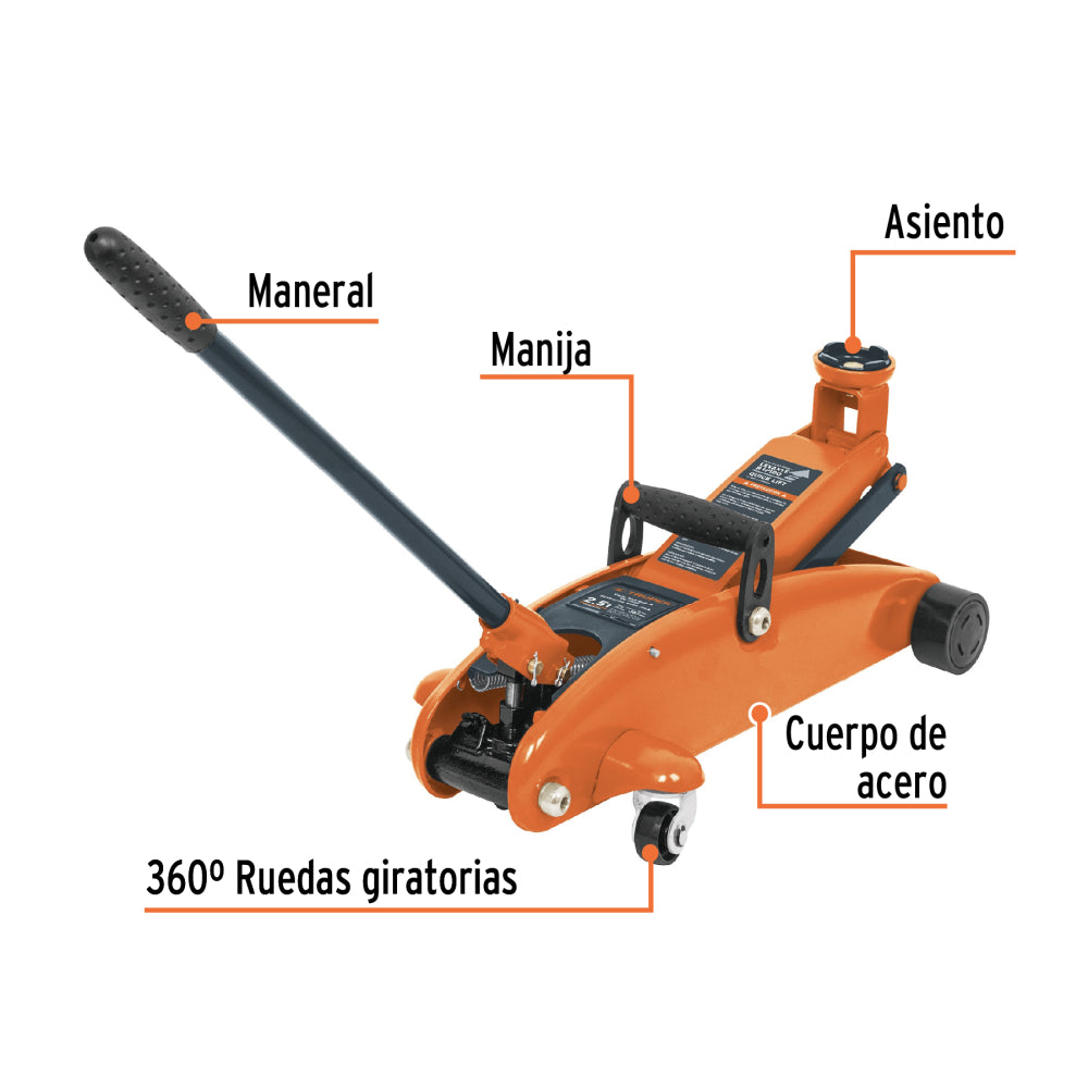 Gata hidráulico de patín 2.5t, elevación rápida, con maletín, Truper - Código 14946