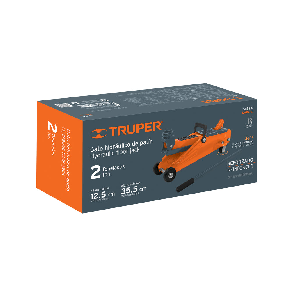Gata hidráulico de patín, 2t, 50 movimientos, Truper - Código 14824