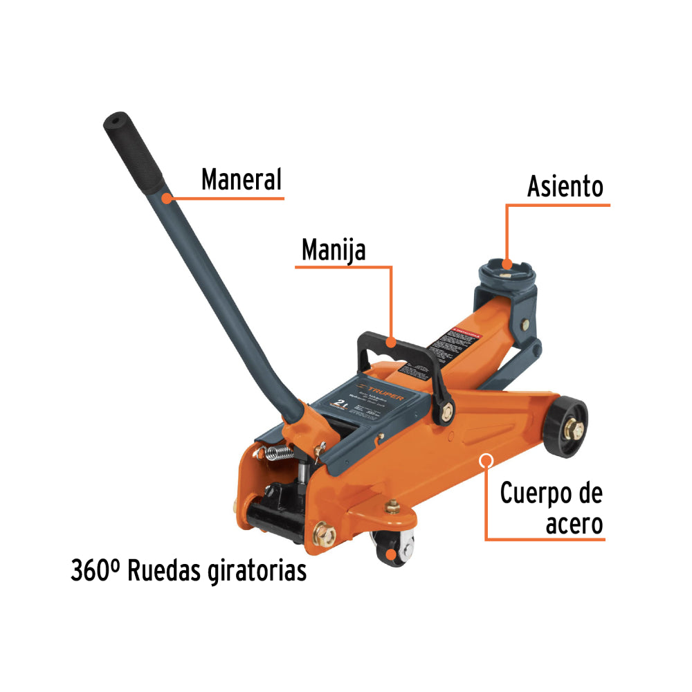 Gata hidráulico de patín, 2t, 50 movimientos, Truper - Código 14824