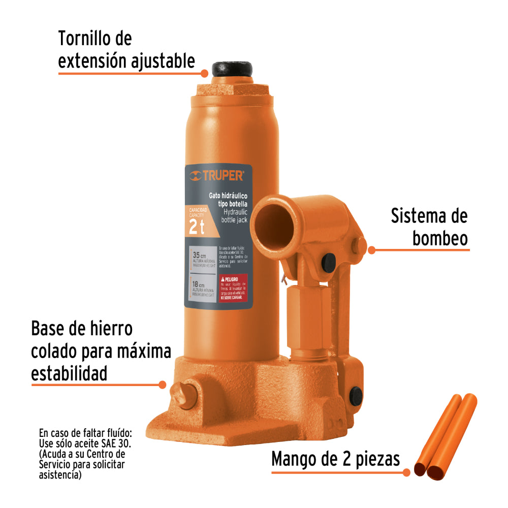 Gata hidráulico de botella de 2 Ton, Truper - Código 14810