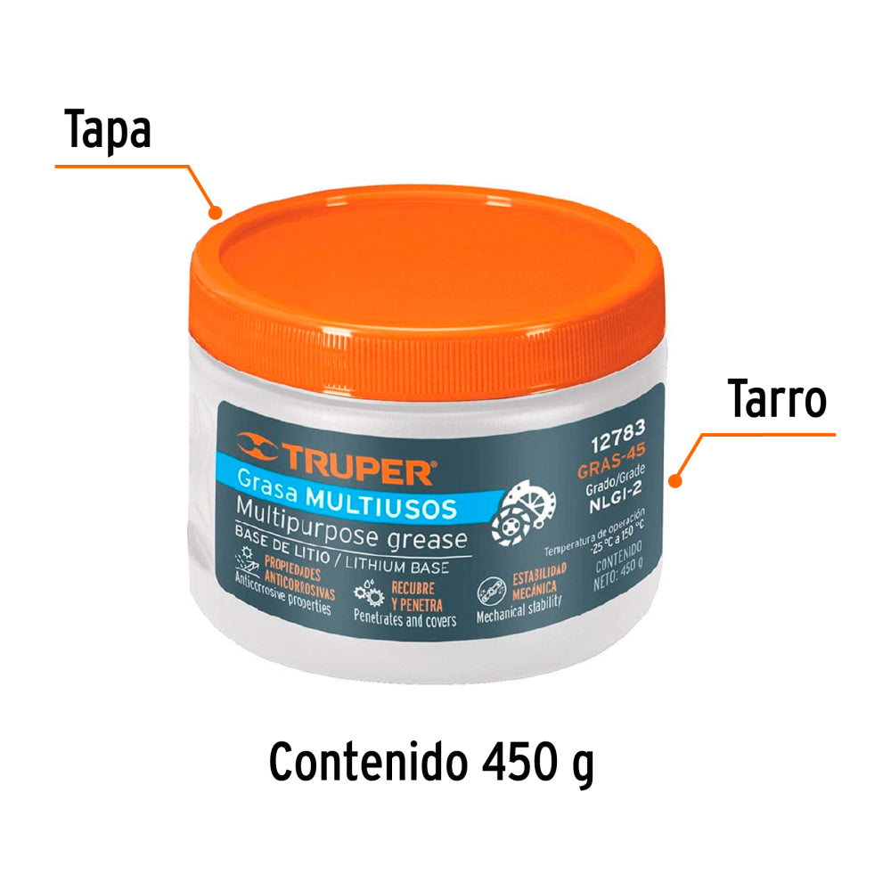 Grasa lubricante multiusos, base litio, 450 g, Truper - Código:   12783