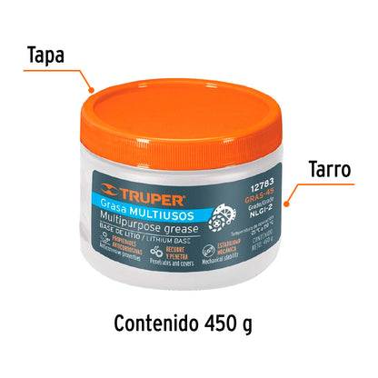Grasa lubricante multiusos, base litio, 450 g, Truper - Código:   12783