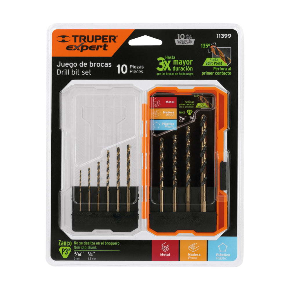 Juego de 10 brocas HSS para metal en estuche, Truper Expert - Código: 11399