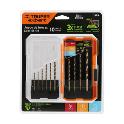 Juego de 10 brocas HSS para metal en estuche, Truper Expert - Código: 11399