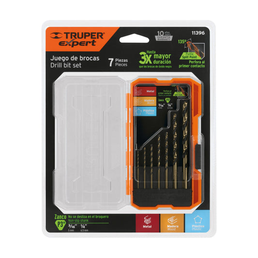 Juego de 7 brocas HSS para metal en estuche, Truper Expert - Código: 11396