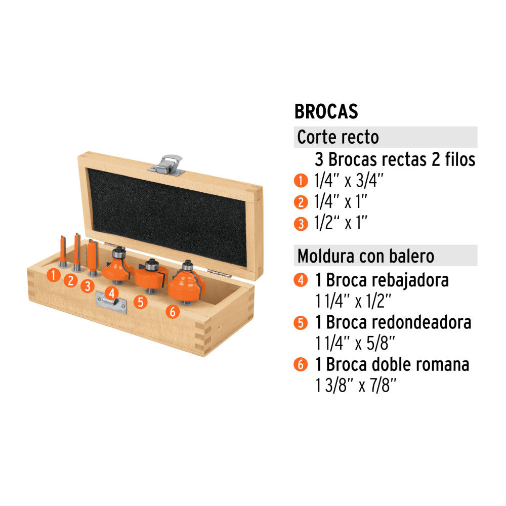 Juego de 6 brocas para router, Truper - Código: 11359