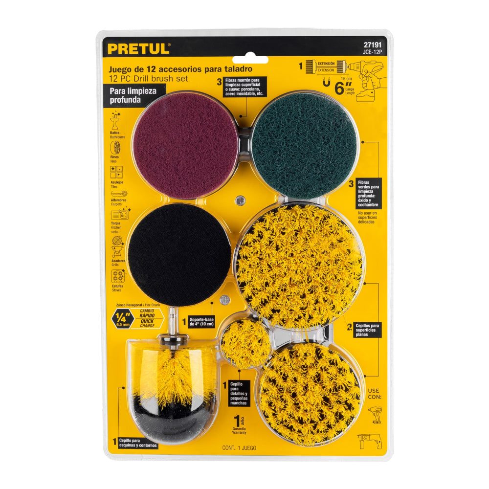 Juego 12 accesorios de limpieza y asentado p/taladro, Pretul - CÓDIGO: 27191