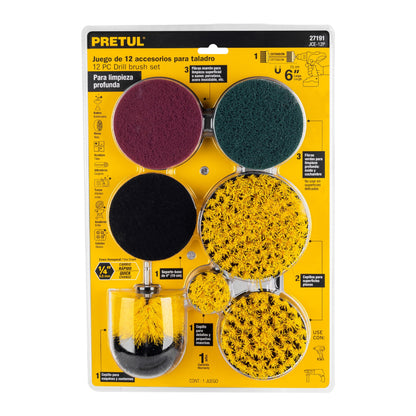 Juego 12 accesorios de limpieza y asentado p/taladro, Pretul - CÓDIGO: 27191