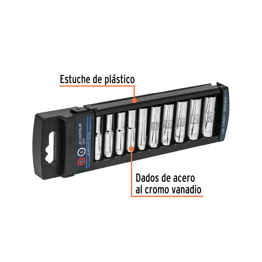 Juego de 10 dados largos cuadro 1/4" mm, Truper - Código: 14168