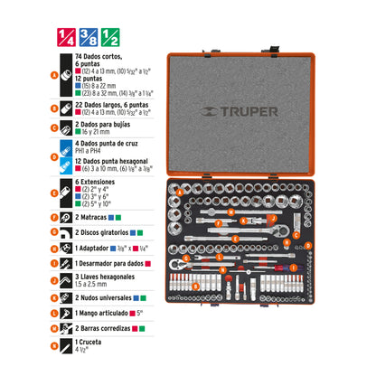 Juego 135 herramientas 1/4", 3/8" y 1/2" std y mm p/mecánico - Código: 13975