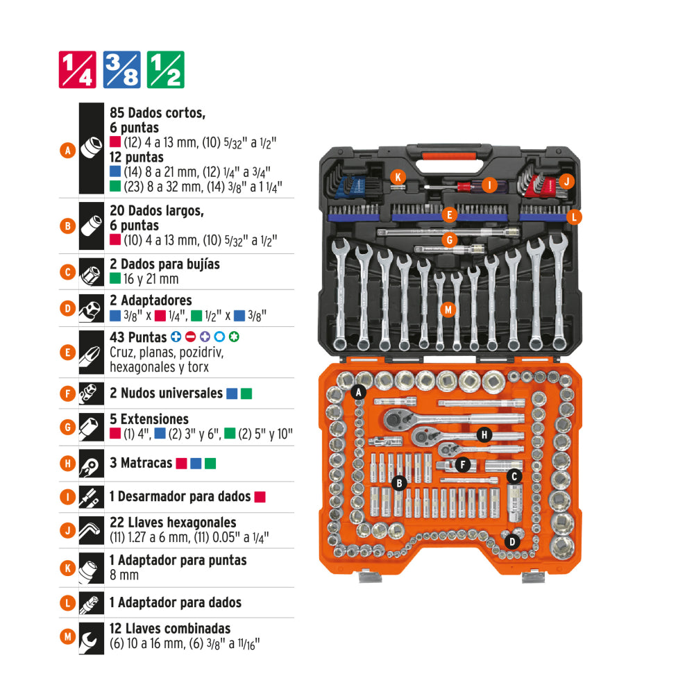 Juego 199 herramientas 1/4", 3/8" y 1/2" std y mm p/mecánico - Código: 12894