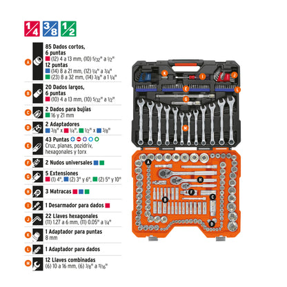 Juego 199 herramientas 1/4", 3/8" y 1/2" std y mm p/mecánico - Código: 12894
