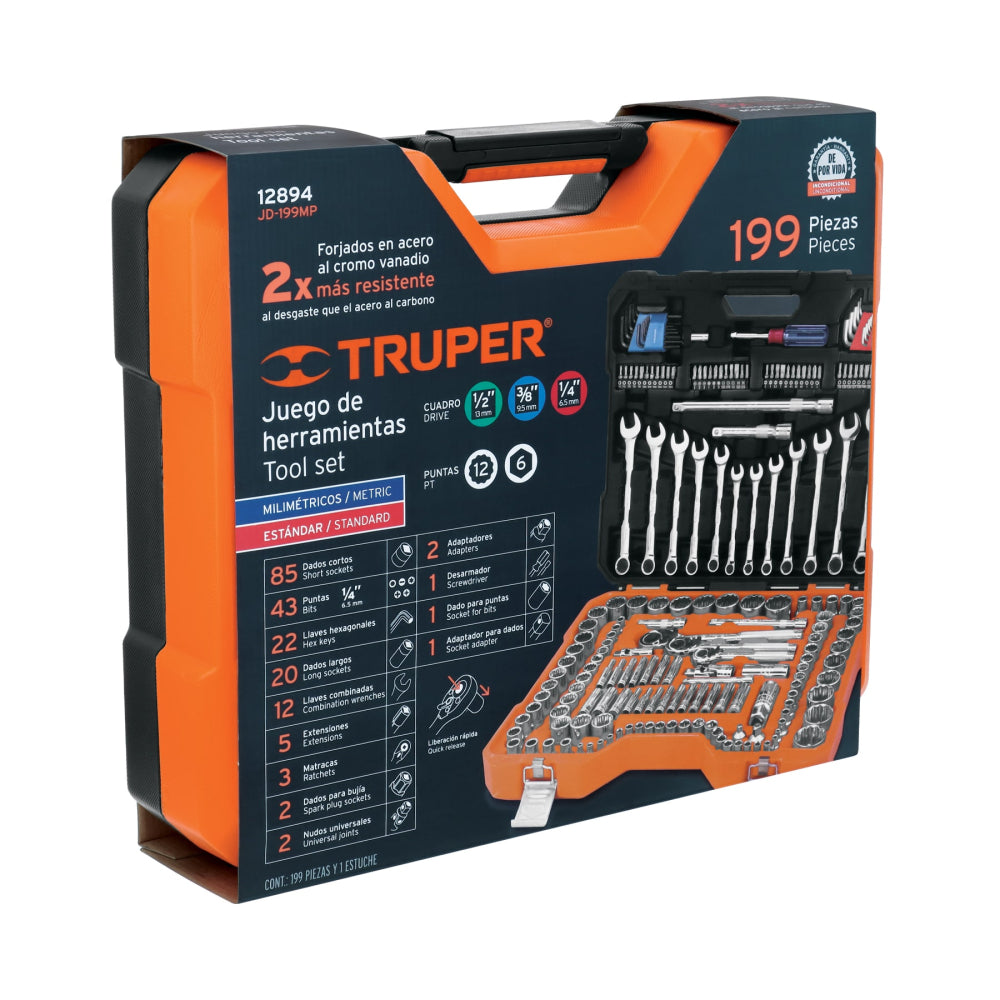 Juego 199 herramientas 1/4", 3/8" y 1/2" std y mm p/mecánico - Código: 12894