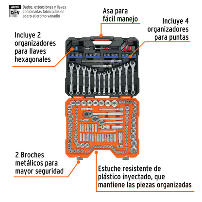 Juego 199 herramientas 1/4", 3/8" y 1/2" std y mm p/mecánico - Código: 12894