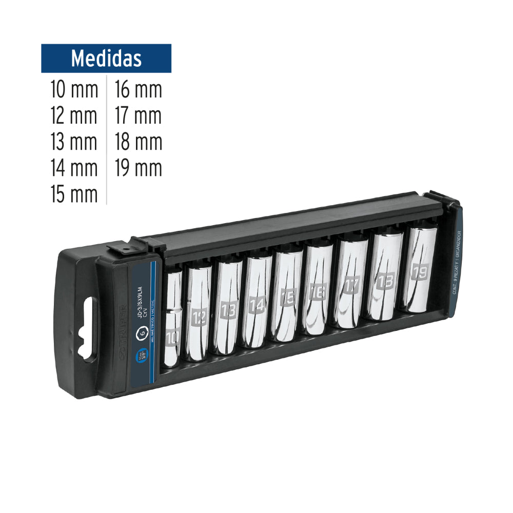 Juego de 9 dados largos cuadro 3/8" mm, Truper -  Código: 14173