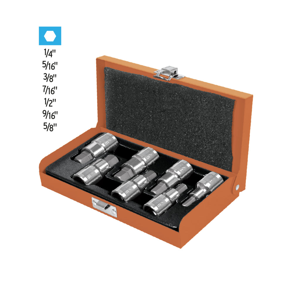 Juego de 7 dados cuadro 1/2" punta hex std, estuche metálico - Código: 13929