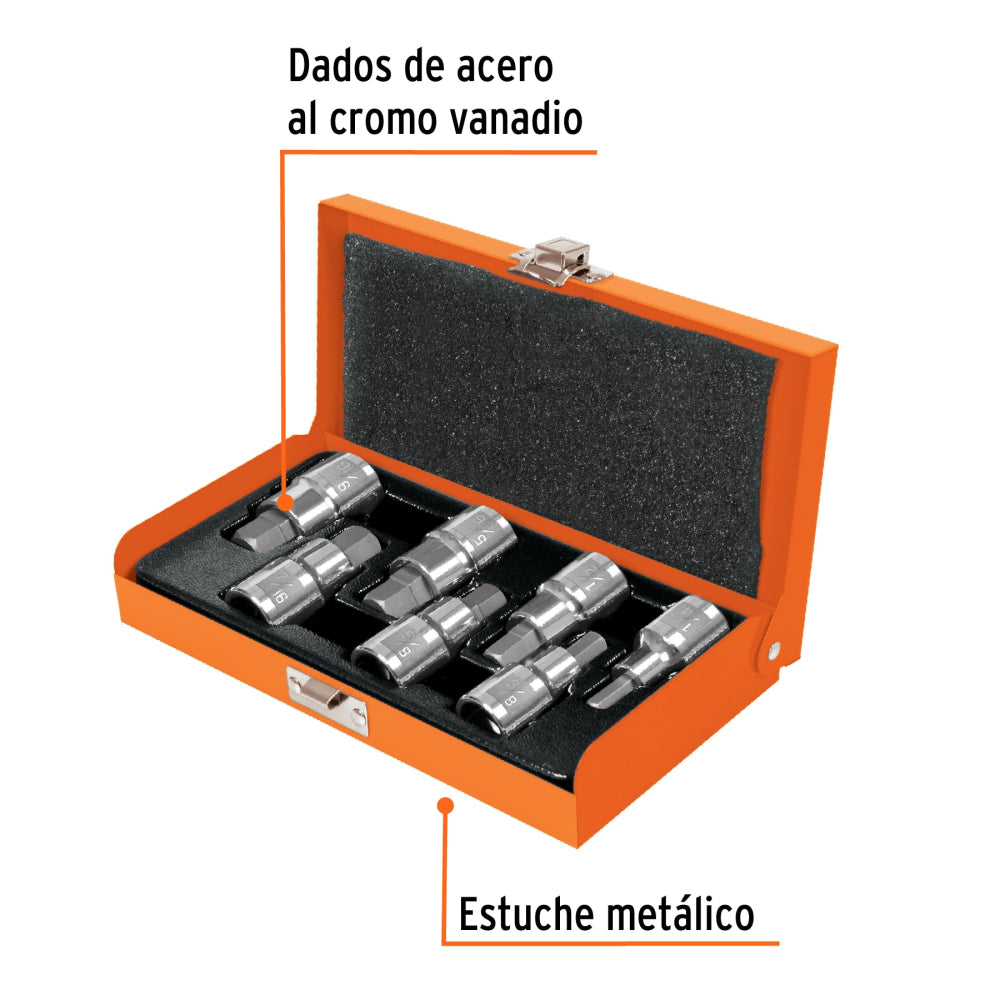 Juego de 7 dados cuadro 1/2" punta hex std, estuche metálico - Código: 13929