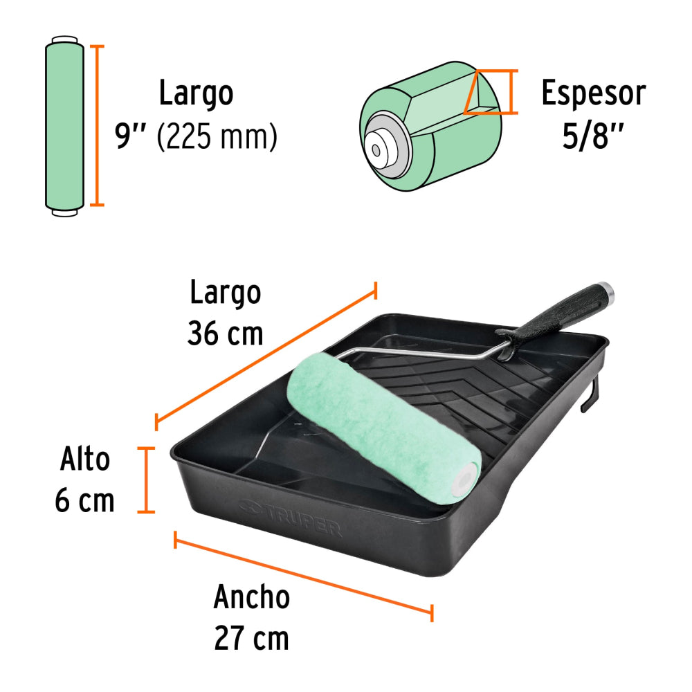 Kit de rodillo para pintar, 9" (maneral, charola y felpa) - Código: 13843