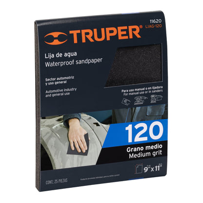 Lija de agua grano 120 de carburo de silicio, Truper - Código: 11620