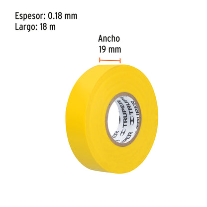 Cinta de aislar de 18 m x 19 mm, amarilla, Truper - CÓDIGO: 12503