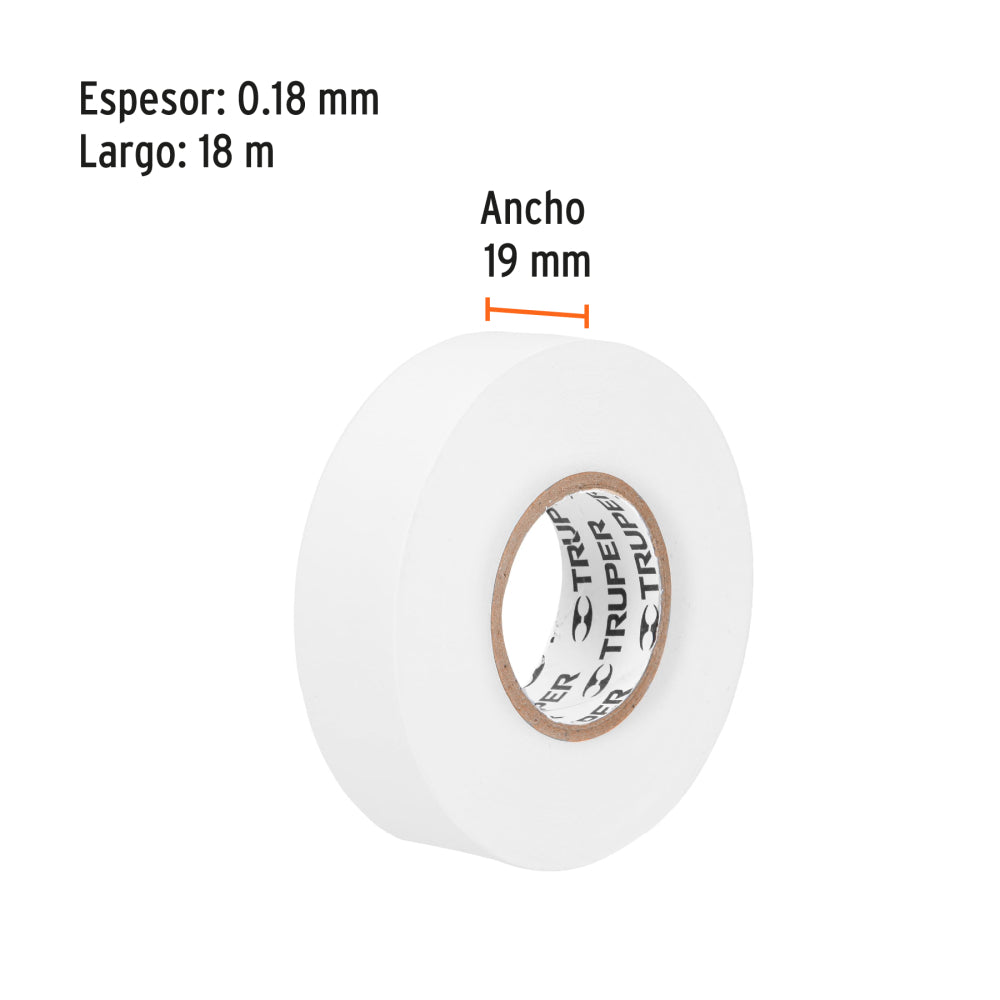 Cinta de aislar de 18 m x 19 mm, blanca, Truper - CÓDIGO: 12506