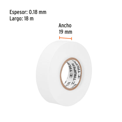 Cinta de aislar de 18 m x 19 mm, blanca, Truper - CÓDIGO: 12506