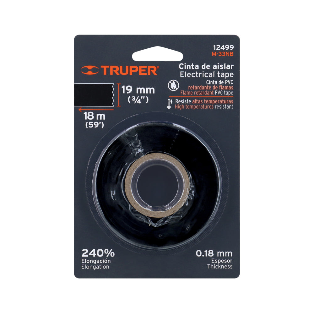 Cinta de aislar de 18 m x 19 mm, negra en blíster, Truper - Código: 12499