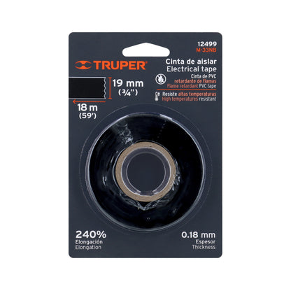 Cinta de aislar de 18 m x 19 mm, negra en blíster, Truper - Código: 12499