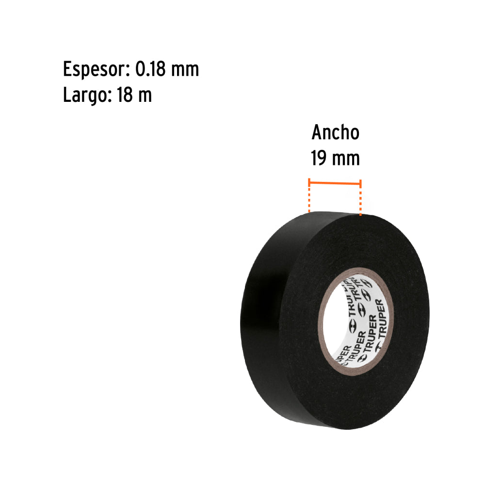 Cinta de aislar de 18 m x 19 mm, negra en blíster, Truper - Código: 12499
