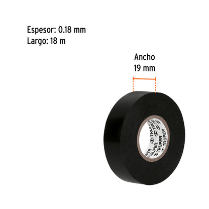 Cinta de aislar de 18 m x 19 mm, negra en blíster, Truper - Código: 12499